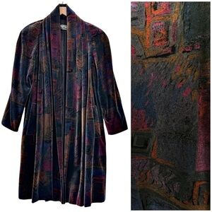 Vintage 80s Velvet Jacket Abstract Colorful Duster Coat Portrait 100% Cotton | L